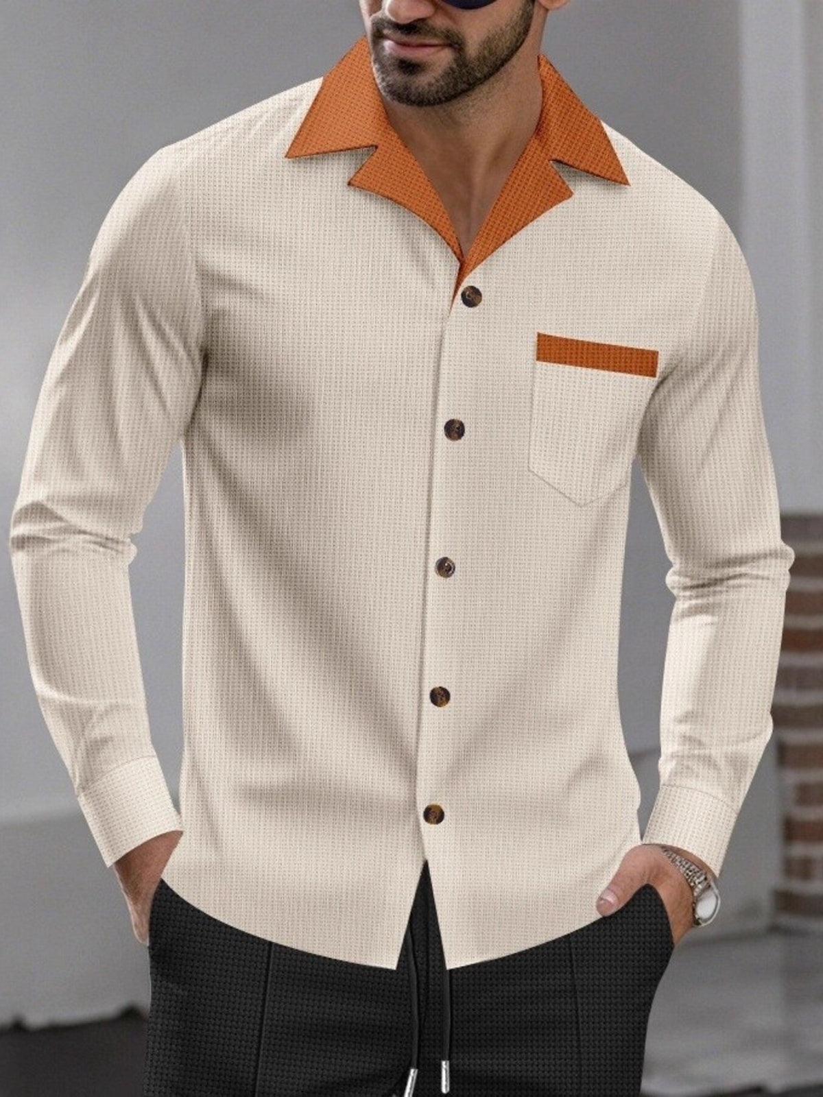 Model wearing the contrast-collar shirt