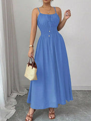 Blue smocked midi dress, alternate front view