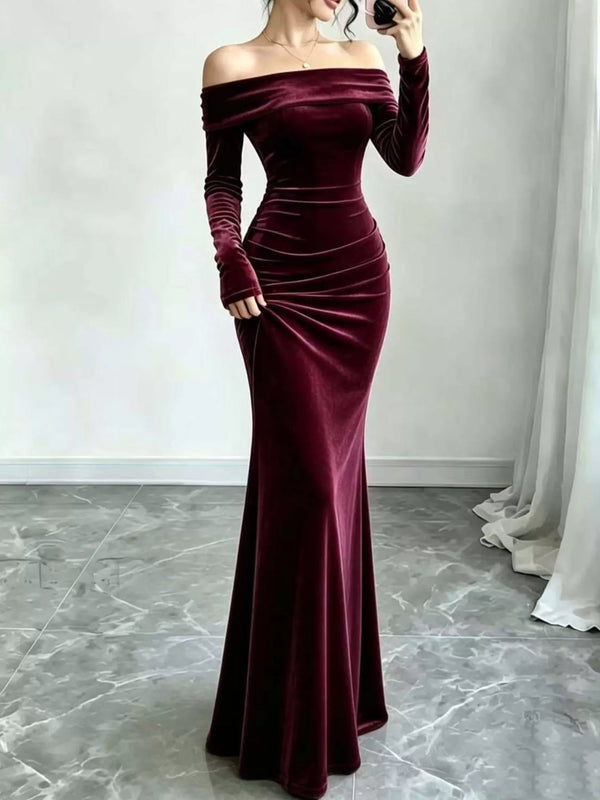 Burgundy velvet off-shoulder mermaid maxi dress with long sleeves, front view