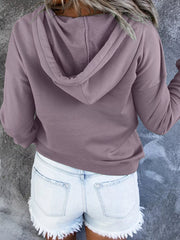Women’s plus-size kangaroo-pocket drawstring hoodie in mauve back view