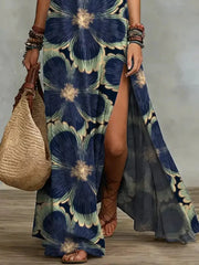 Close view of navy floral dress and slit showing leg