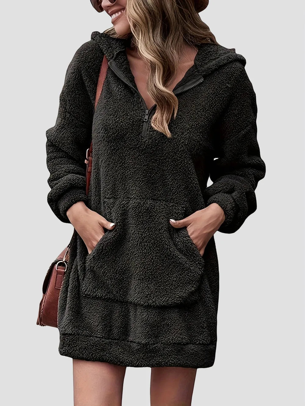 Half-zip dropped-shoulder oversized hoodie in black front view