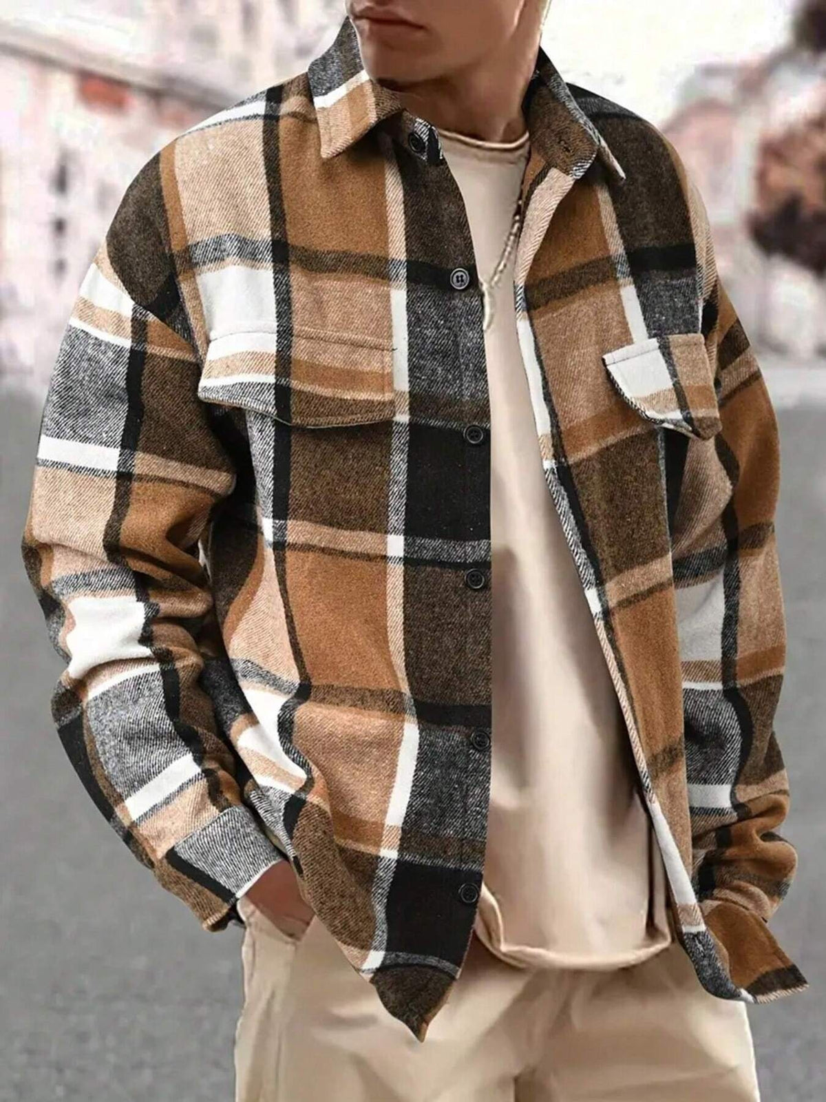 Back view of the plaid button-up shirt