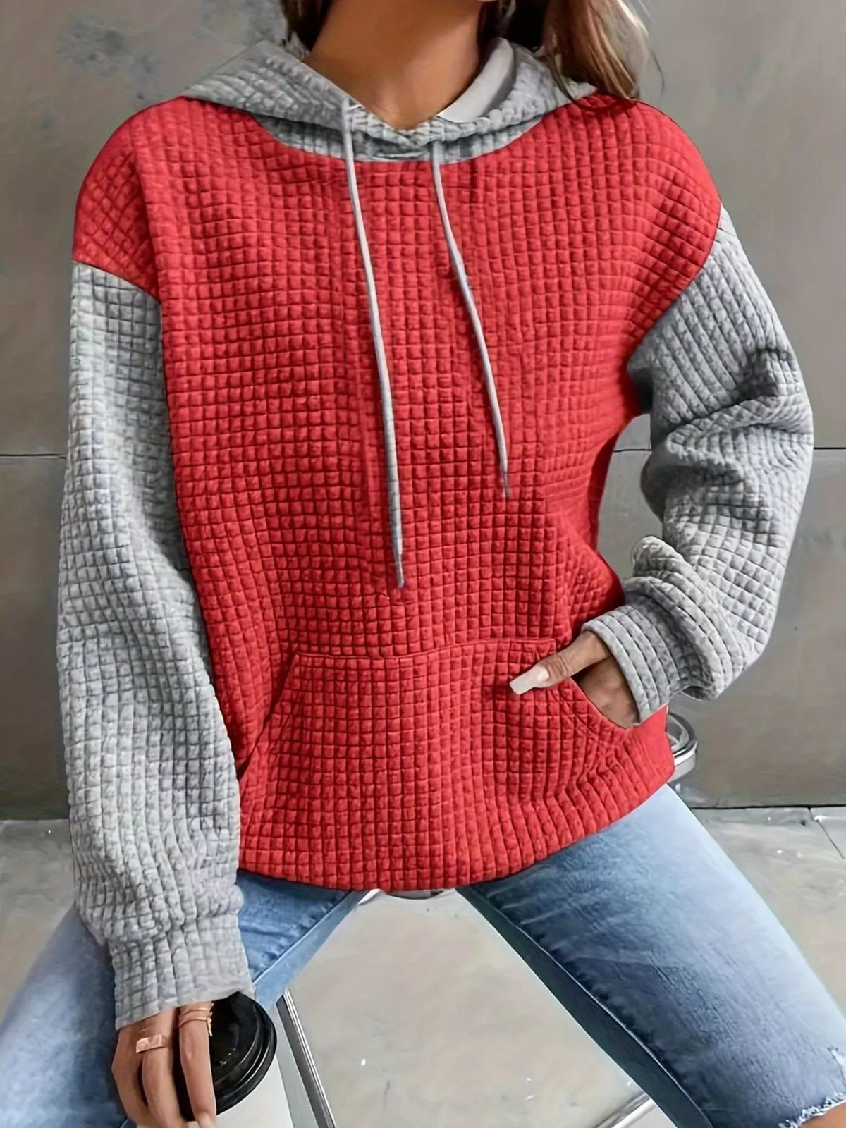 Red and grey color-block hoodie with front pocket