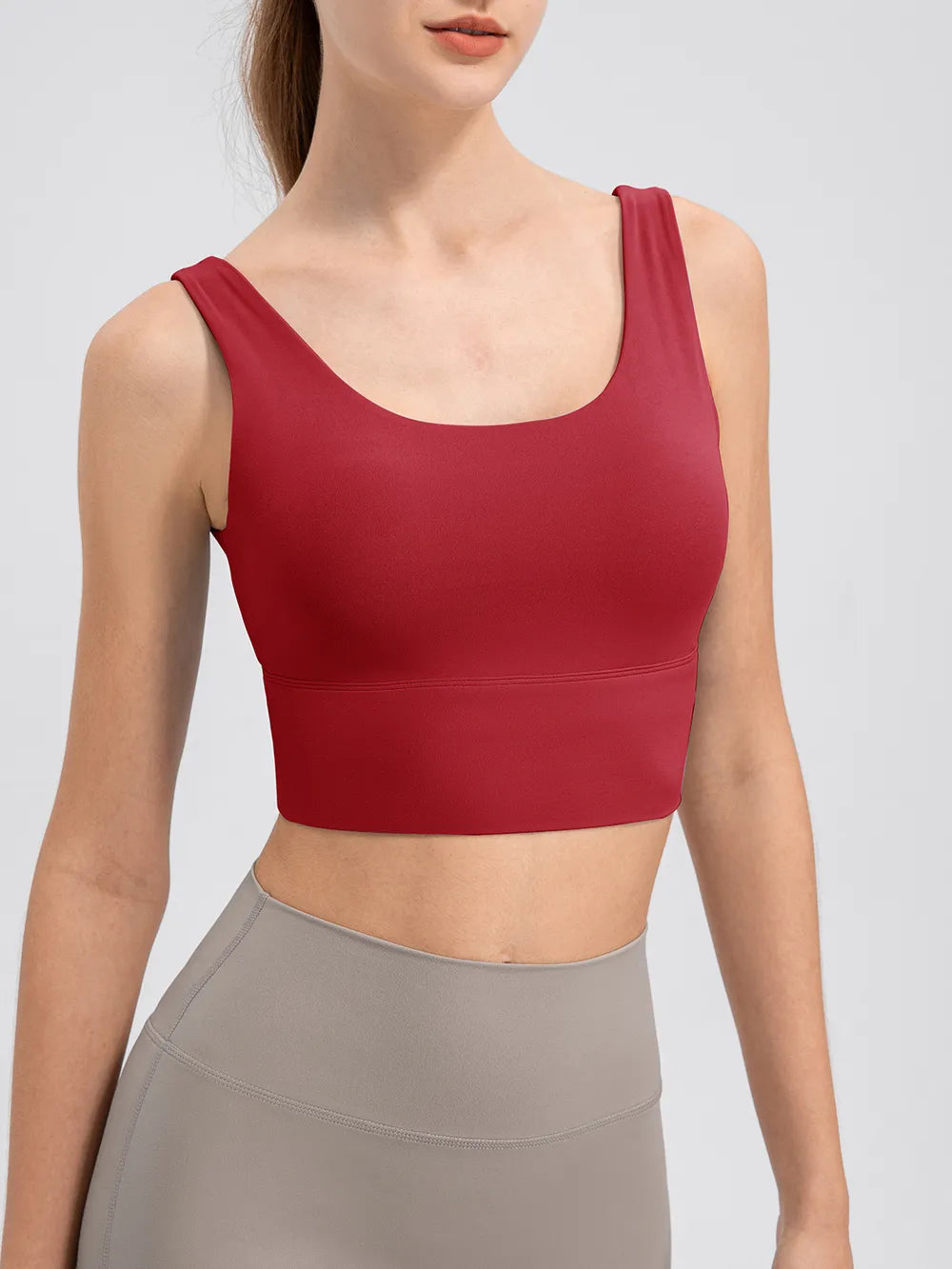 Red wide-strap cropped tank with scoop neckline, front view
