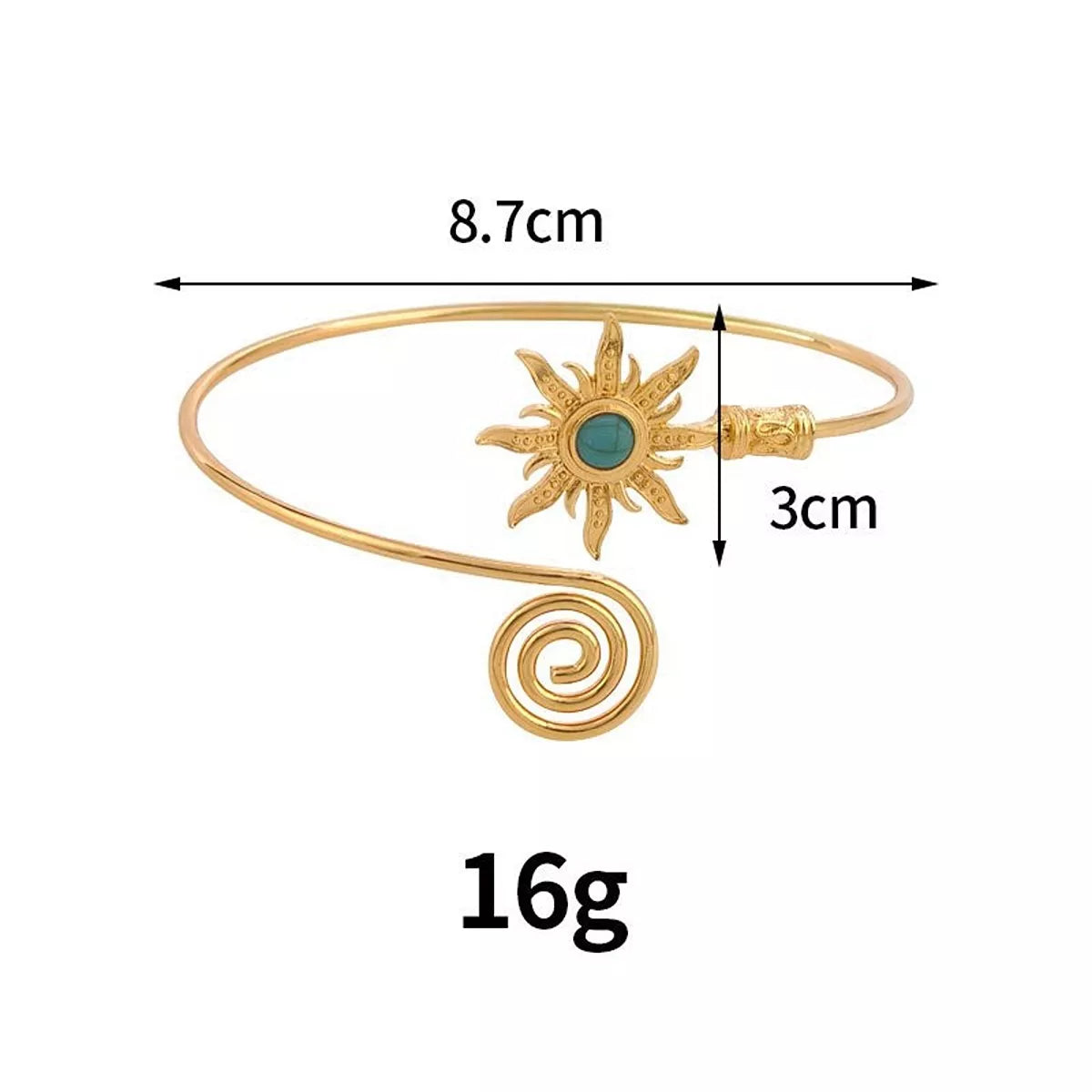 Gold-tone sunburst cuff bracelet with turquoise center, shown with 8.7 cm and 3 cm measurements