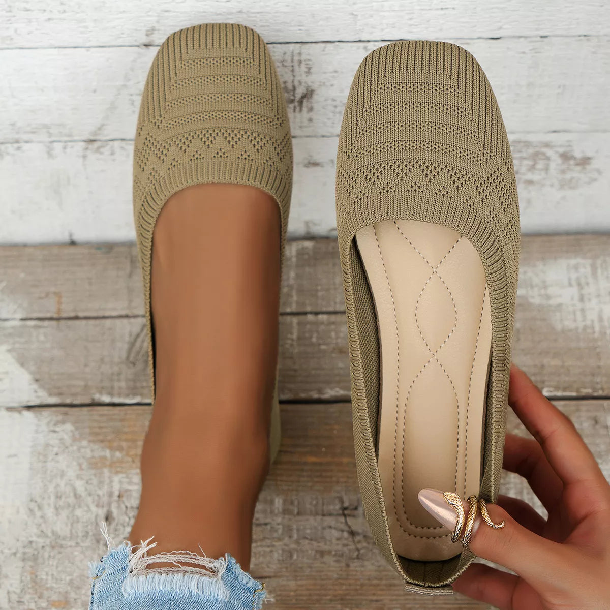 Khaki mesh flats shown from above with one sole visible