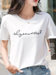 Model wearing a white crew-neck T-shirt with embroidered script lettering