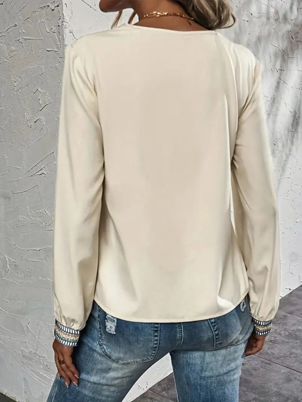 Contrast V-neck long-sleeve blouse in cream back view