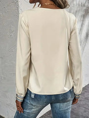 Contrast V-neck long-sleeve blouse in cream back view