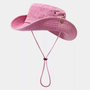 Blush pink wide-brim bucket hat with crown eyelets and chin cord