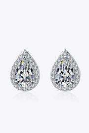 Pair of teardrop-shaped clear stone stud earrings in silver-tone halo settings