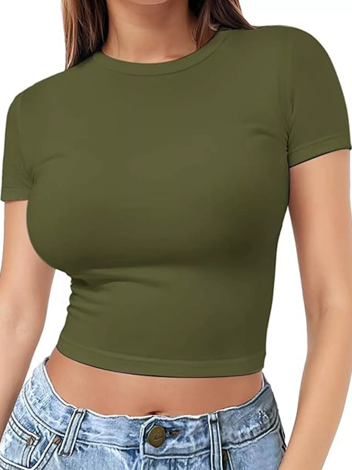 Olive green cropped crew-neck T-shirt shown from the front on a model
