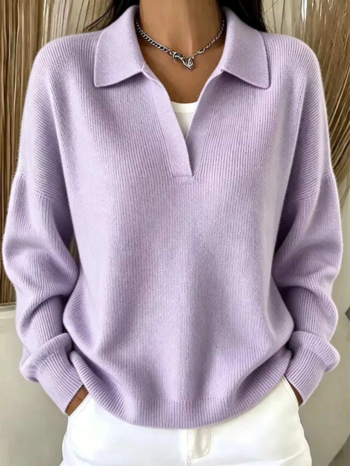 Camel ribbed knit polo collar close-up