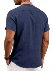 Back view of navy shirt with patterned collar