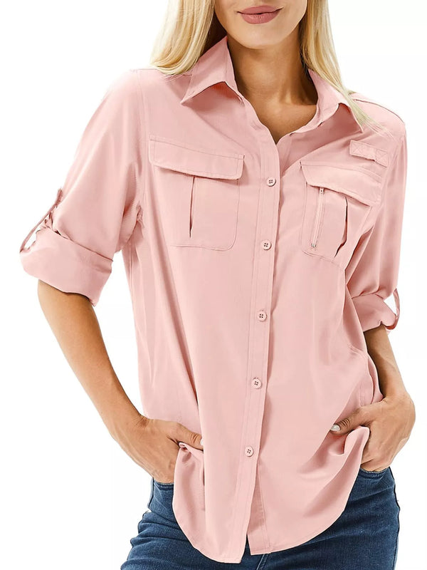 Pink button-down shirt with chest pockets and rolled sleeves, front view