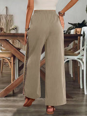 Back view of beige pants and wide-leg cut