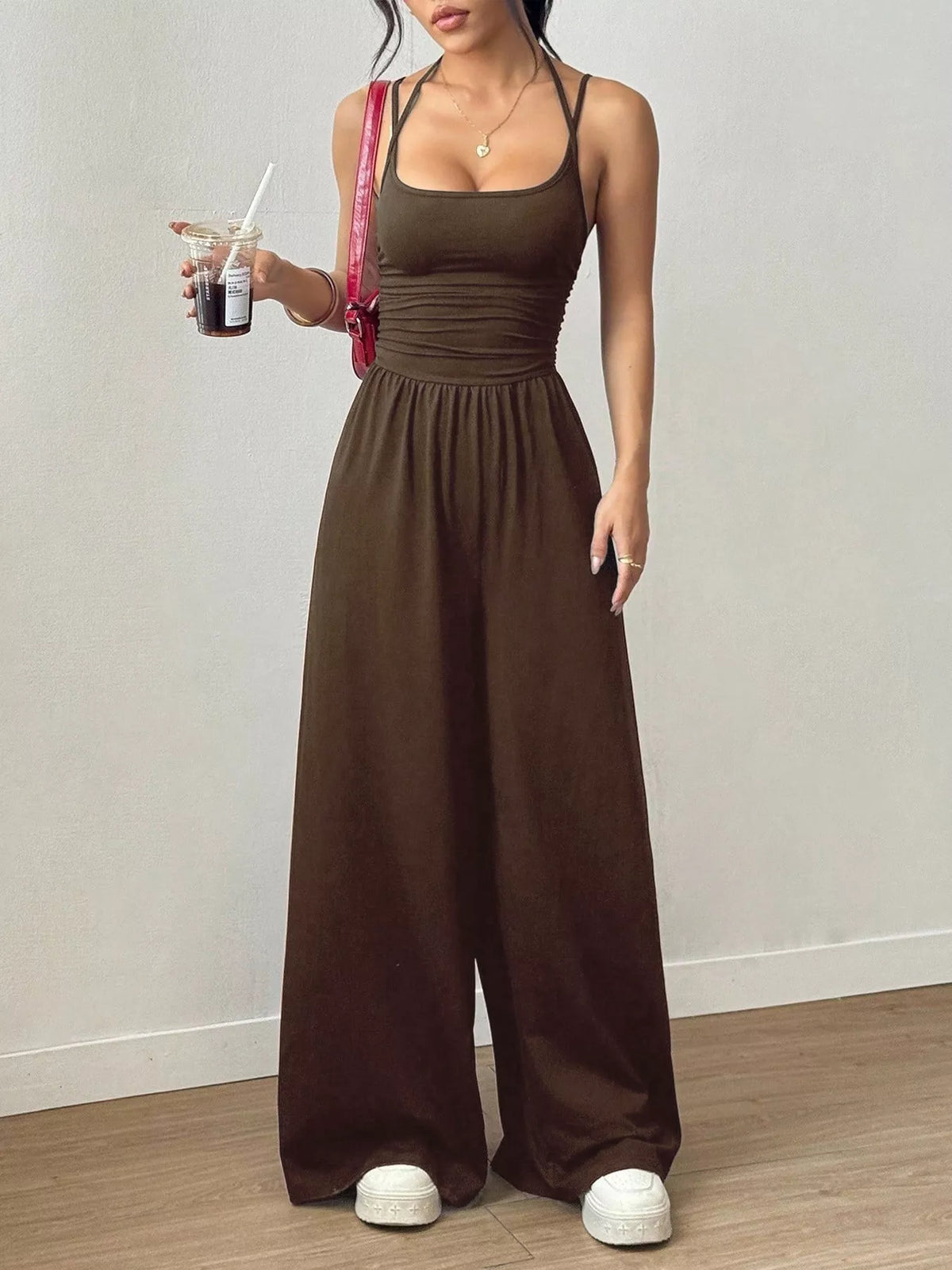 Women's spaghetti-strap wide-leg jumpsuit, brown front view