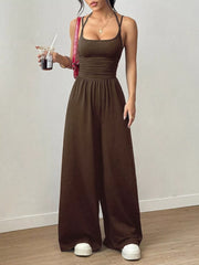 Women's spaghetti-strap wide-leg jumpsuit, brown front view