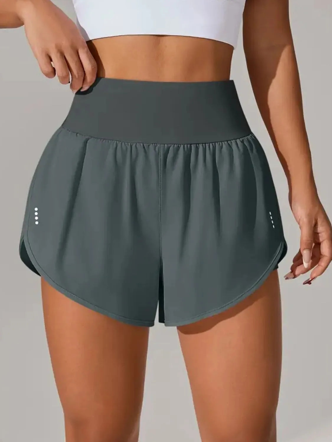 Front view of charcoal-gray active shorts with curved hems