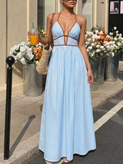 Navy blue striped halter-neck maxi dress