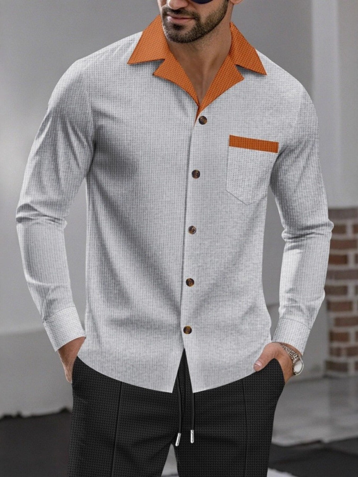 Back view of the long-sleeve contrast-collar shirt
