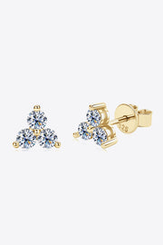 Gold-tone three-stone moissanite stud earrings, front and side