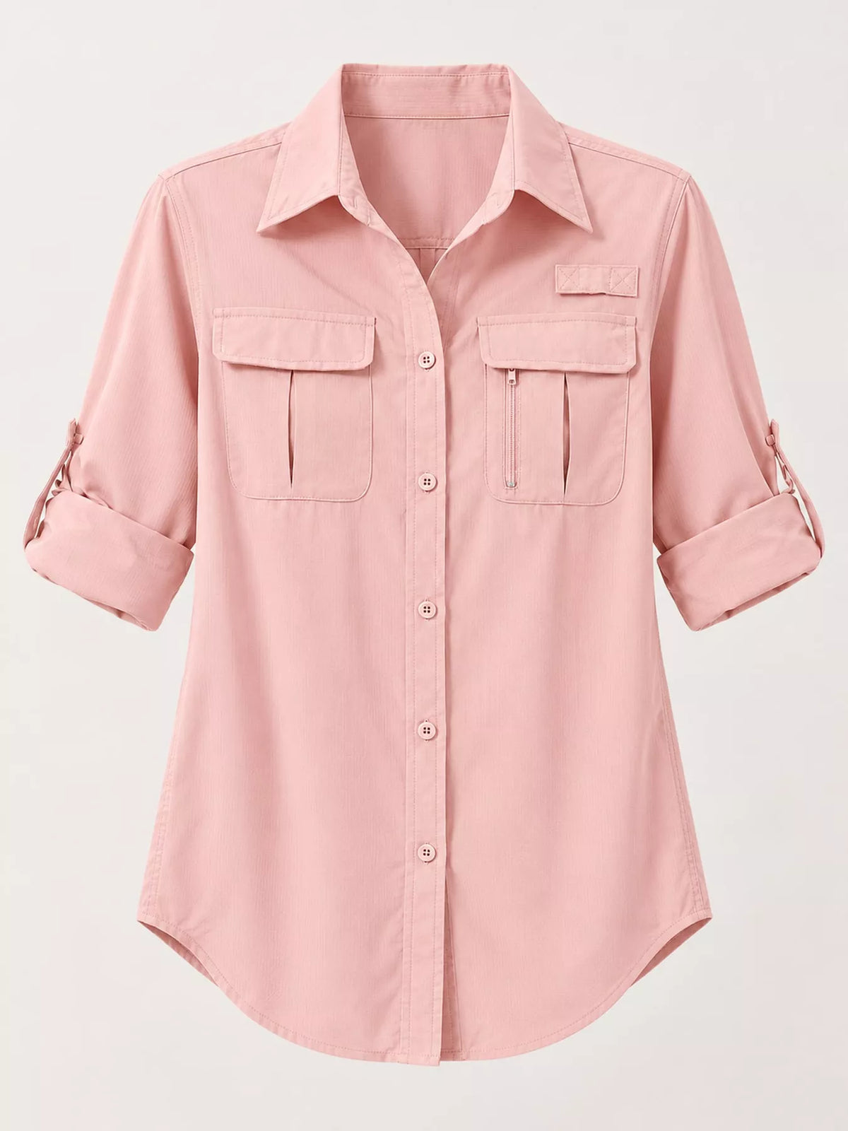 Pink button-down shirt with two chest pockets, front flat lay