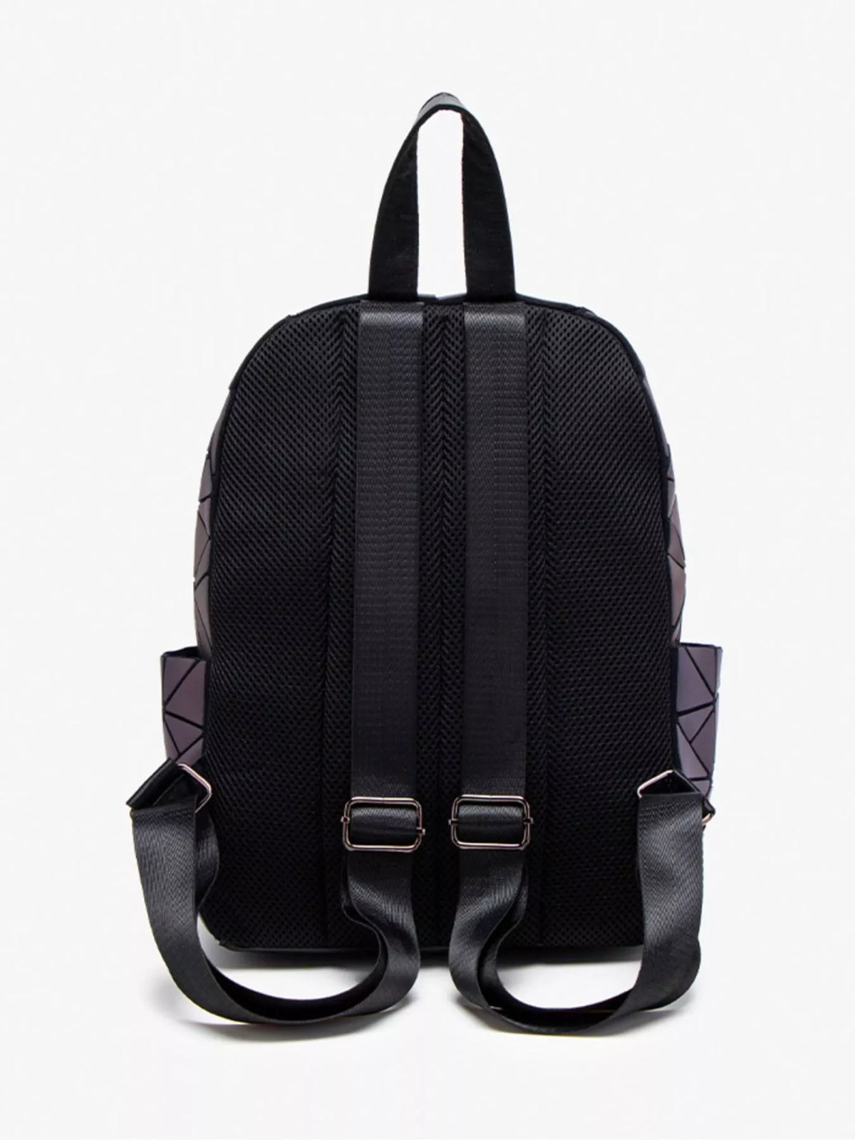 Back of geometric backpack with padded mesh panel and adjustable straps