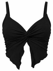 Close-up of twisted center front on black crop cami