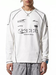 White long-sleeve T-shirt with black SPEED lettering and contrast seams, modeled front view