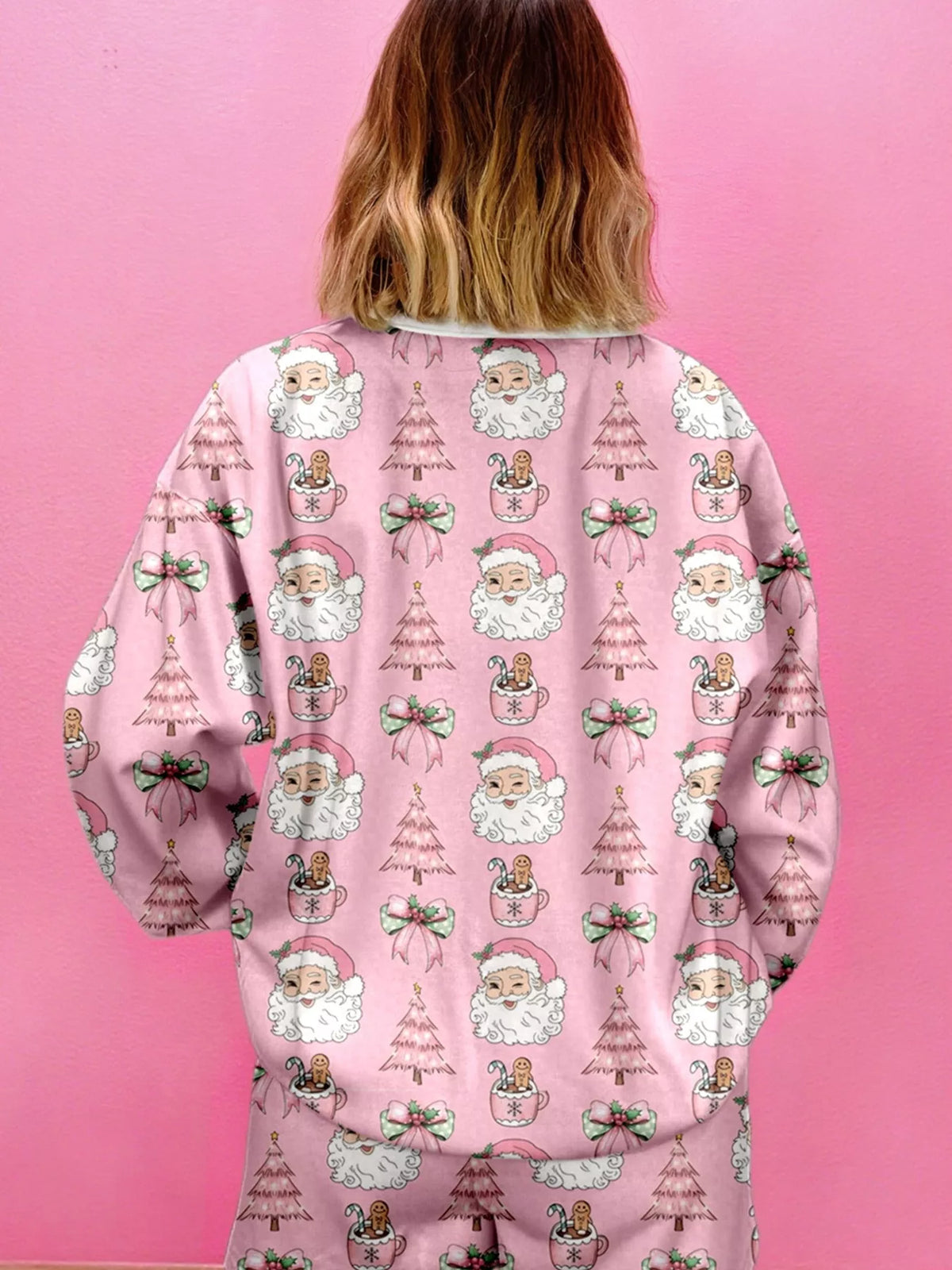 Women's Christmas Santa-Print Top & Shorts Lounge Set: Back view of pink Santa-print long-sleeve top on model.
