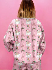 Women's Christmas Santa-Print Top & Shorts Lounge Set: Back view of pink Santa-print long-sleeve top on model.