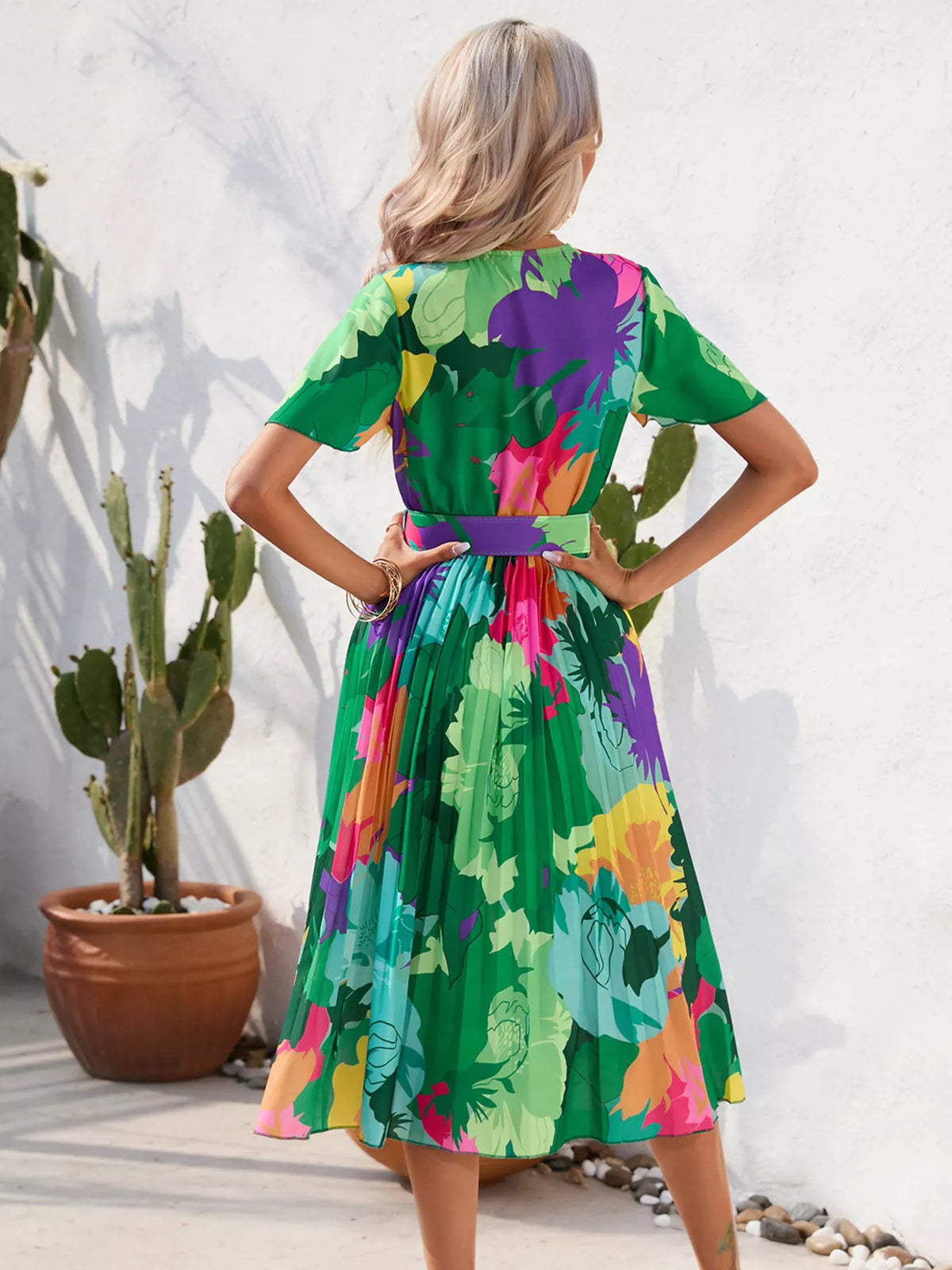 Green tropical print midi dress, rear view
