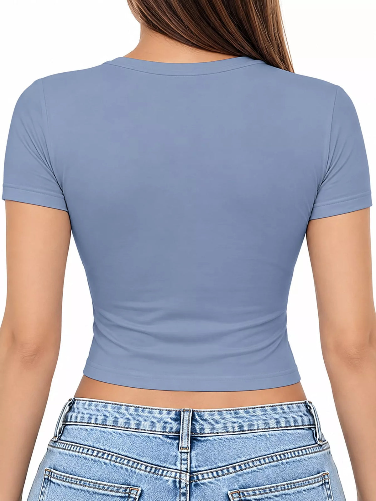 Light blue short-sleeve crop T-shirt shown from the front with collar and sleeve details.