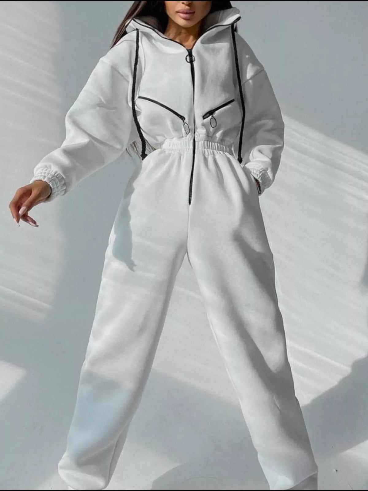 Women's hooded zip-up long-sleeve jumpsuit, white full-length front view