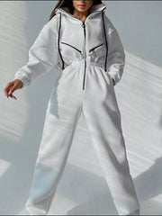Women's hooded zip-up long-sleeve jumpsuit, white full-length front view