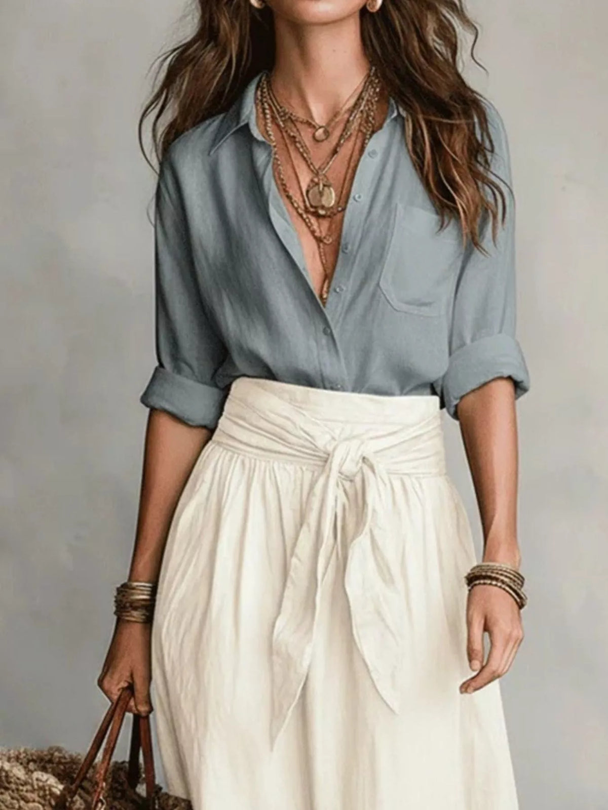 Close view of gray shirt and cream skirt with a draped waist tie.