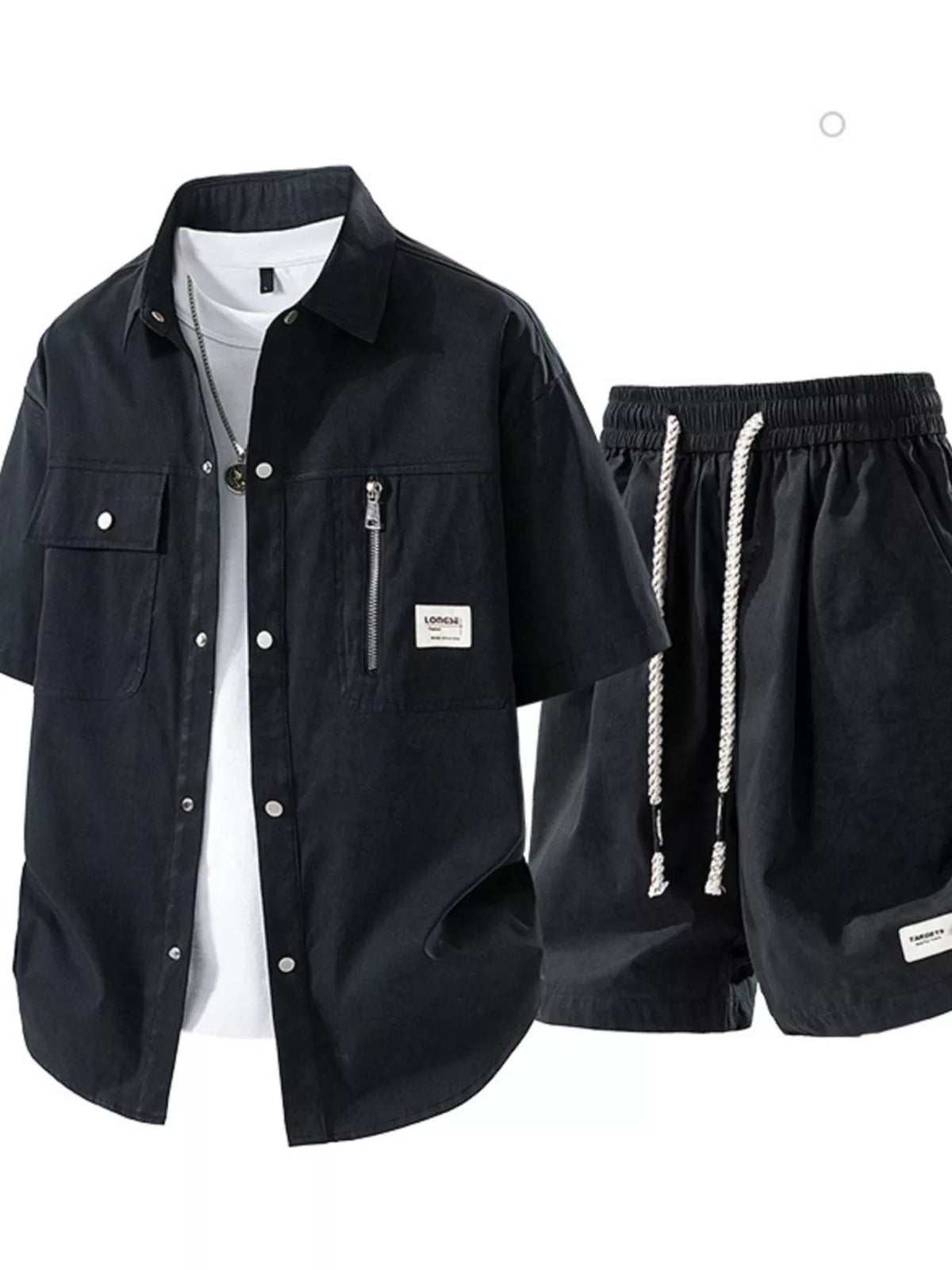 Navy short-sleeve shirt and matching shorts set, front view