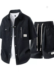 Navy short-sleeve shirt and matching shorts set, front view