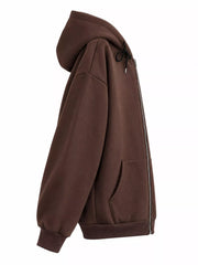 Side view of the brown hoodie showing its hood and relaxed sleeve