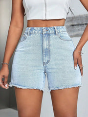 Light blue raw-hem denim shorts with front pockets and a high waist, straight-on detail
