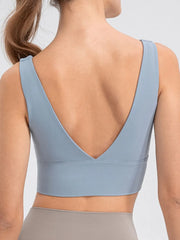Light blue cropped tank showing its deep V-back and wide straps