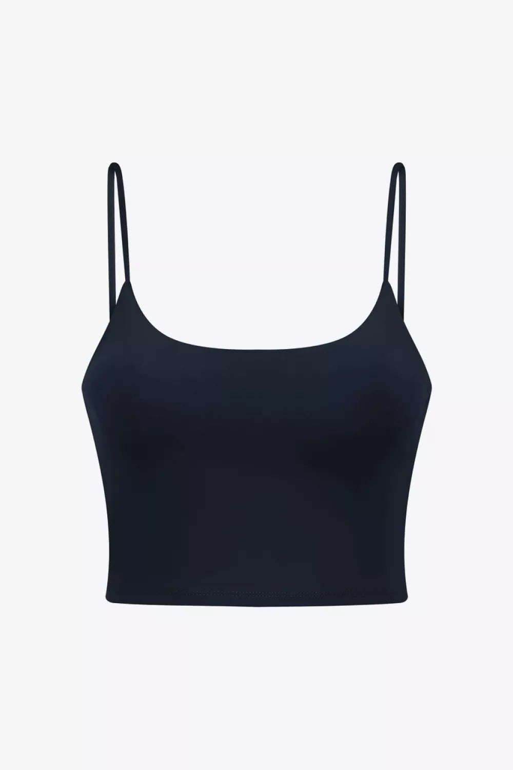 Black scoop-neck sports cami with thin straps, shown flat on white.