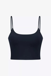 Black scoop-neck sports cami with thin straps, shown flat on white.