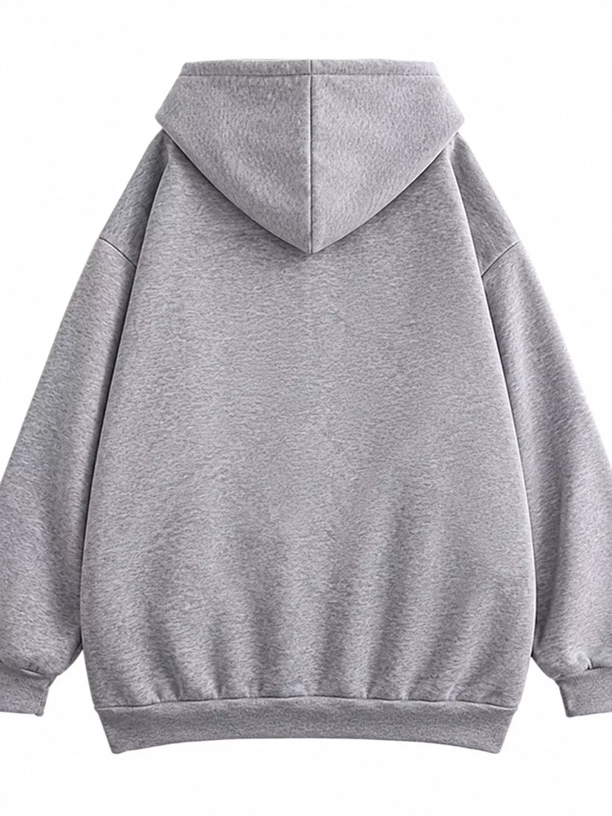 Back view of the gray hoodie with oversized hood and ribbed hem