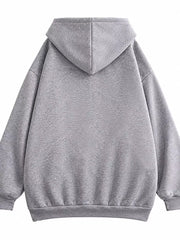 Back view of the gray hoodie with oversized hood and ribbed hem
