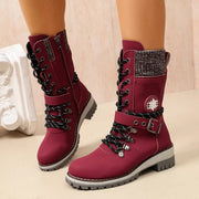 Burgundy lace-up ankle boots with buckle straps