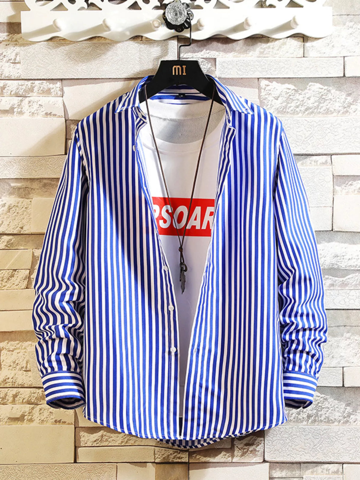 Blue-and-white vertically striped button-up shirt, front view