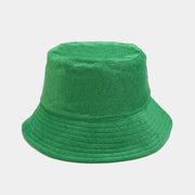 Close-up of the khaki bucket hat's fabric and stitched brim